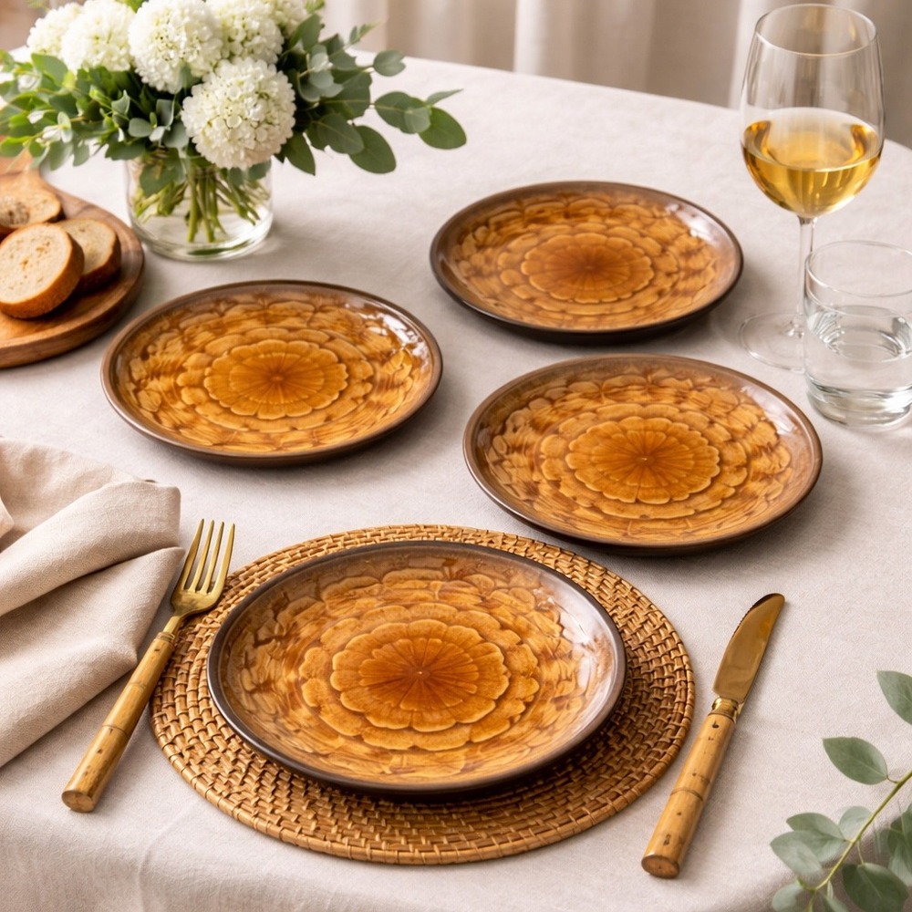 Pier‎ 1 Akita Earthenware Plates Set of 4 Amber Brown Embossed Floral Dahlia 8in